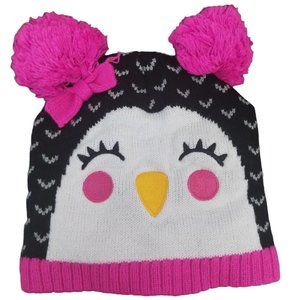 🎂Girly Smiling Penguin Fuzzy Warm Cap Hat Pink Pom Poms